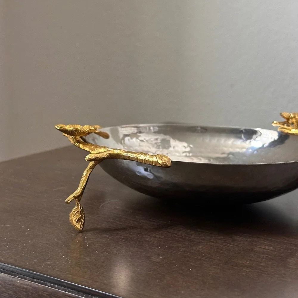 Hammered Metal Chip and Dip Serving Bowl Set Gold Floral Branch Accent India